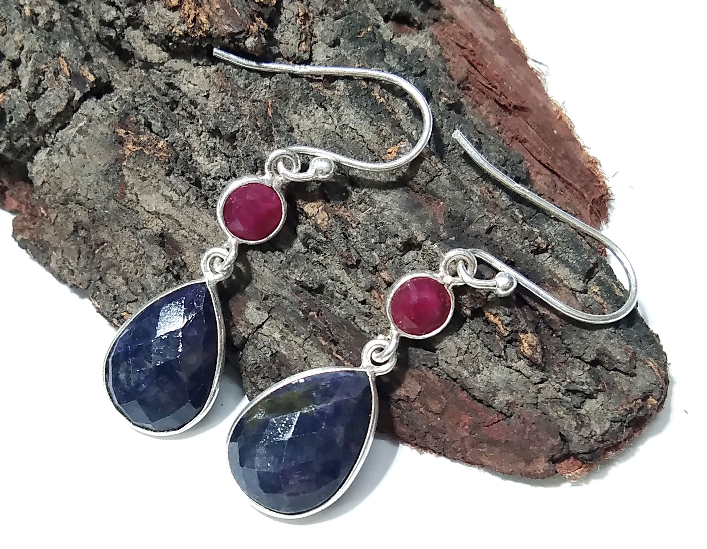 Beautiful Earring, Blue Sapphire & Red Ruby Earring, Natural Gemstone Faceted Earring, 925 Starling Silver Earring, Handmade Bezel Earring's